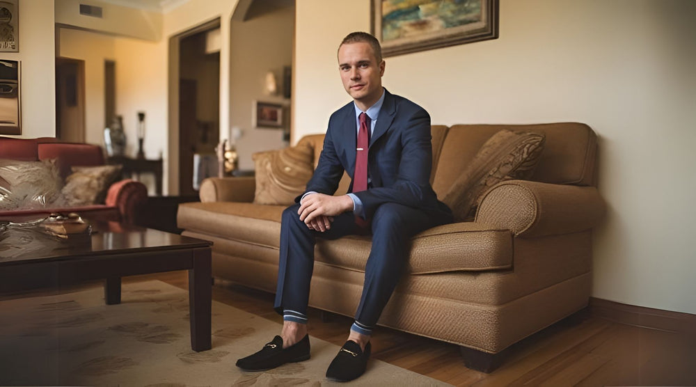 male model sitting on sofa in loafers